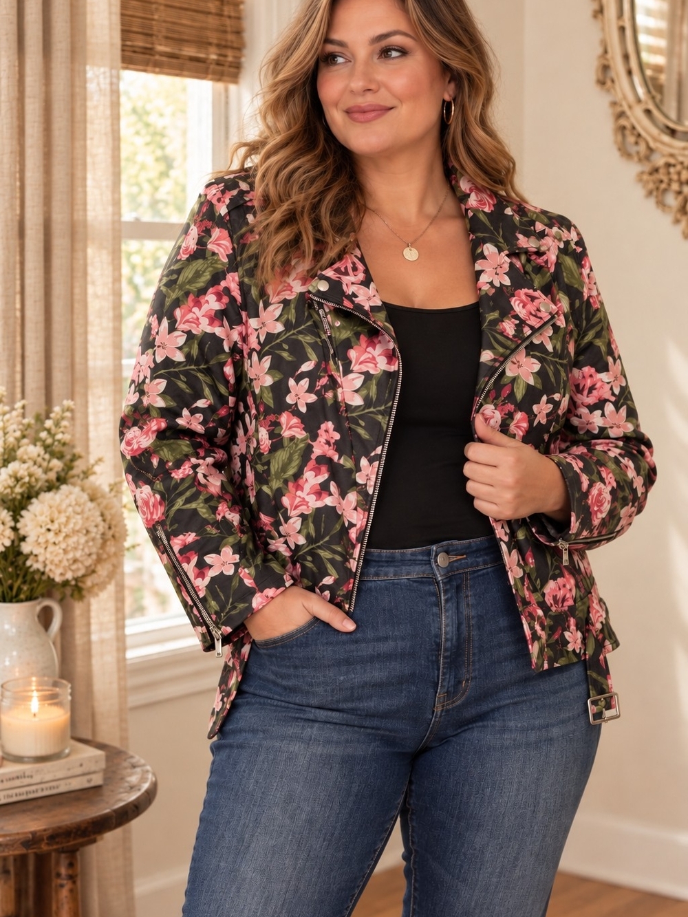 Floral Faux Leather Moto Jacket Pink Rose Edgy Fall
